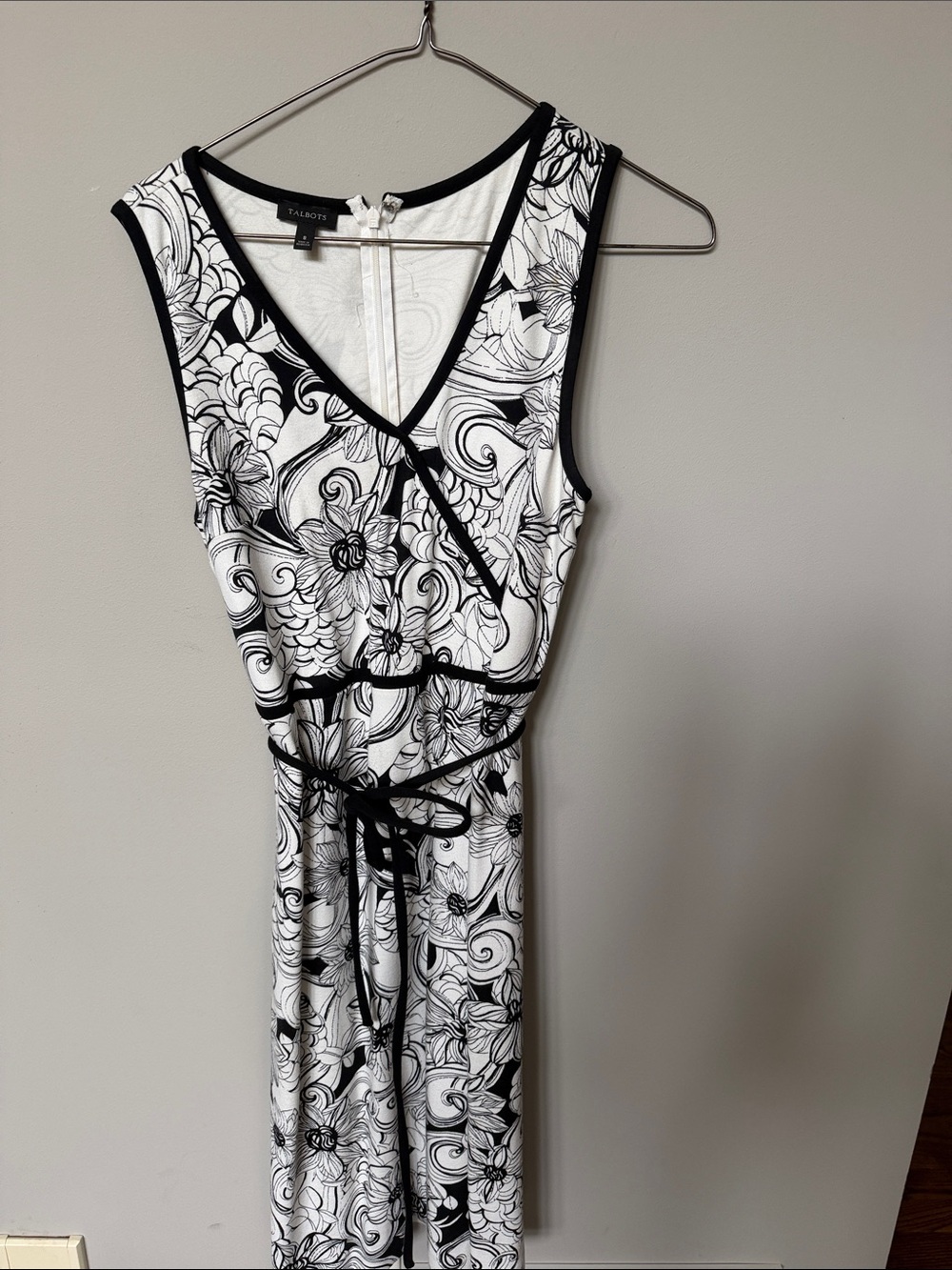 Talbots Black and White Floral Wrap-Style Midi Dress